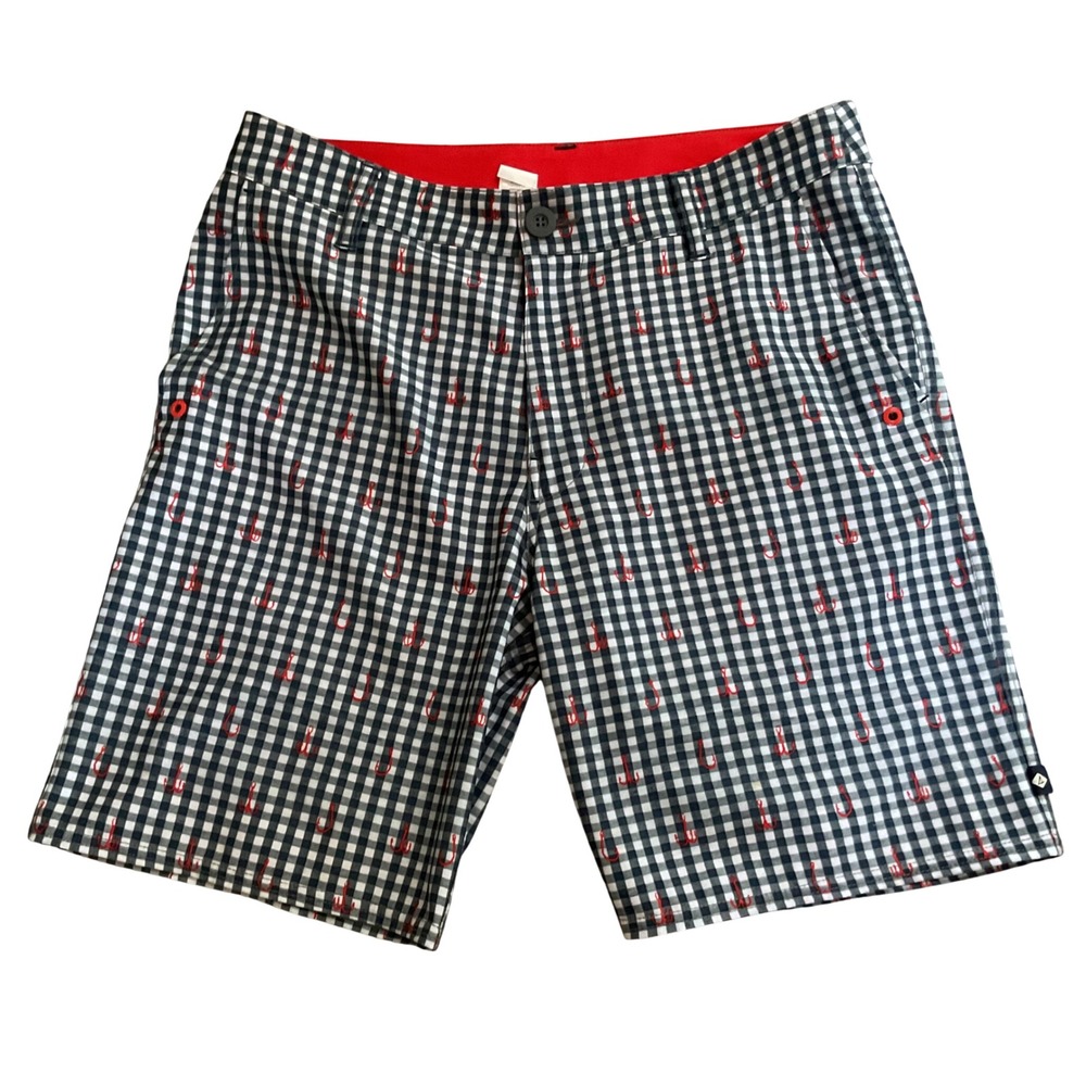 Sperry Mens Navy Gingham Fishing Hook Embroidered Performance Shorts Size 32
